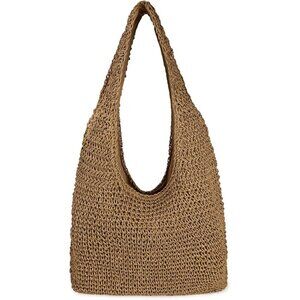 Women's Brown Large Straw Beach Bag Handmade Woven Shoulder Hobo Tote Handbag